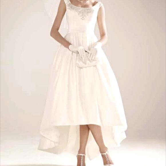 NWT, Oleg Cassini,Ivory, Satin, Off The Shoulder, High Low Wedding Dress-Size 14 - Picture 1 of 16